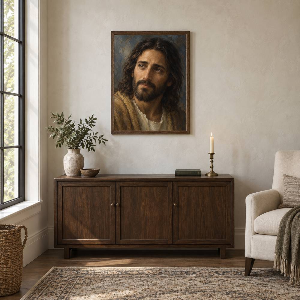 Compassion of Christ oil painting displayed in a walnut prayer and reading alcove