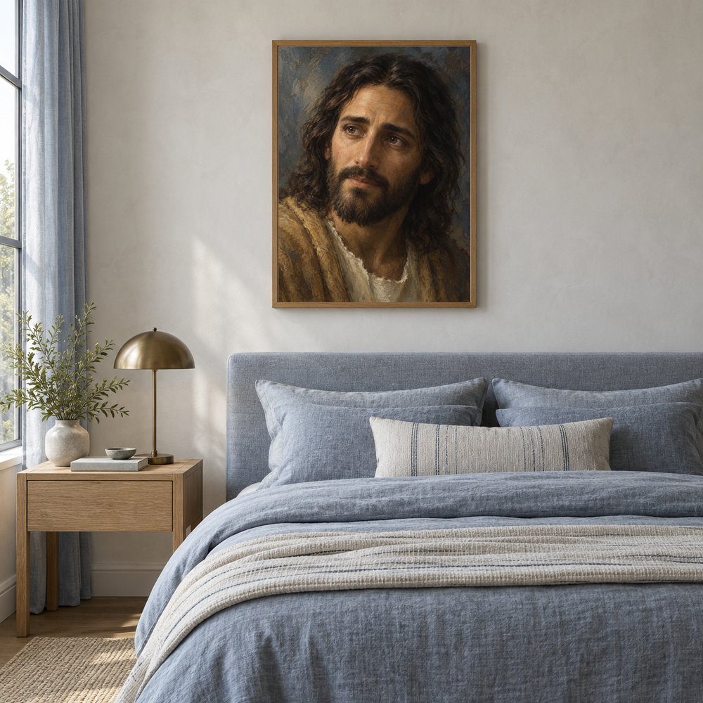 Compassion of Christ oil painting displayed in a blue linen bedroom