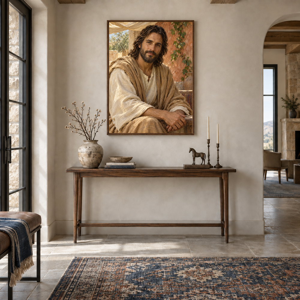The Gentle Savior oil painting displayed in a entryway