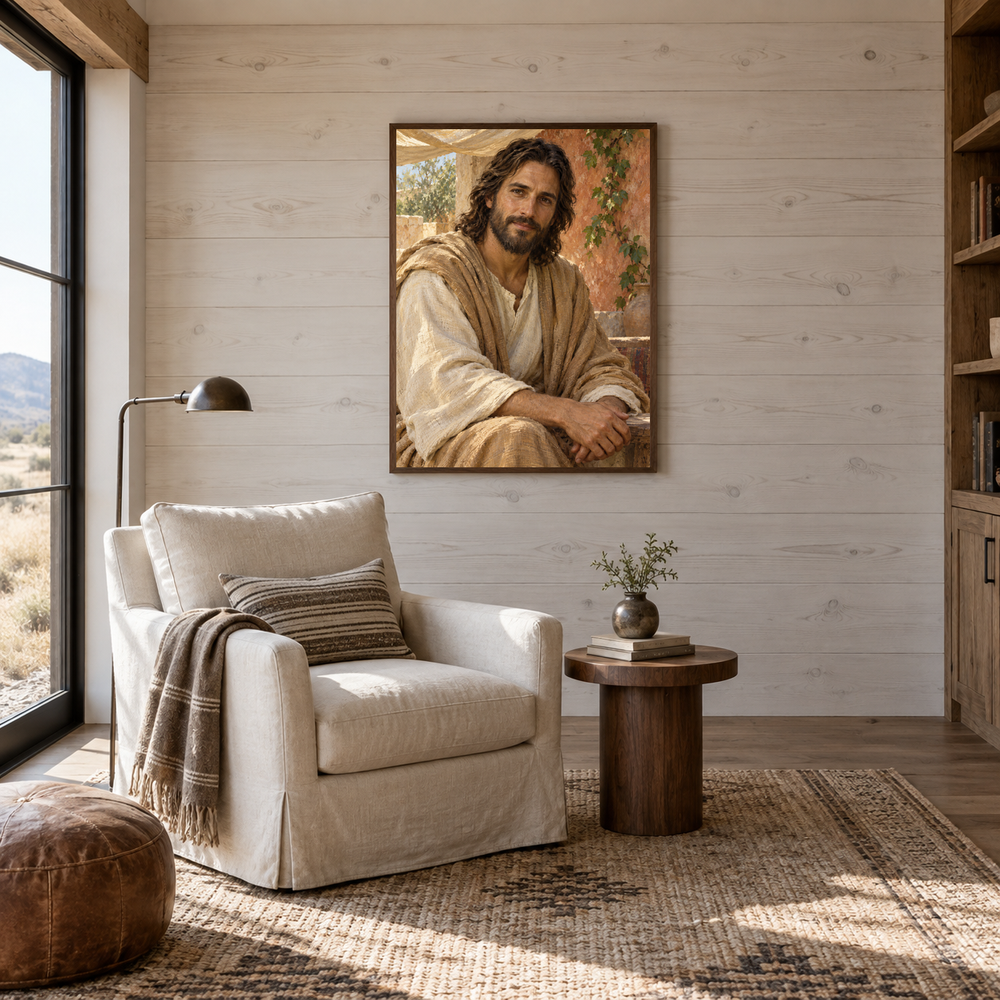The Gentle Savior oil painting displayed in a reading room