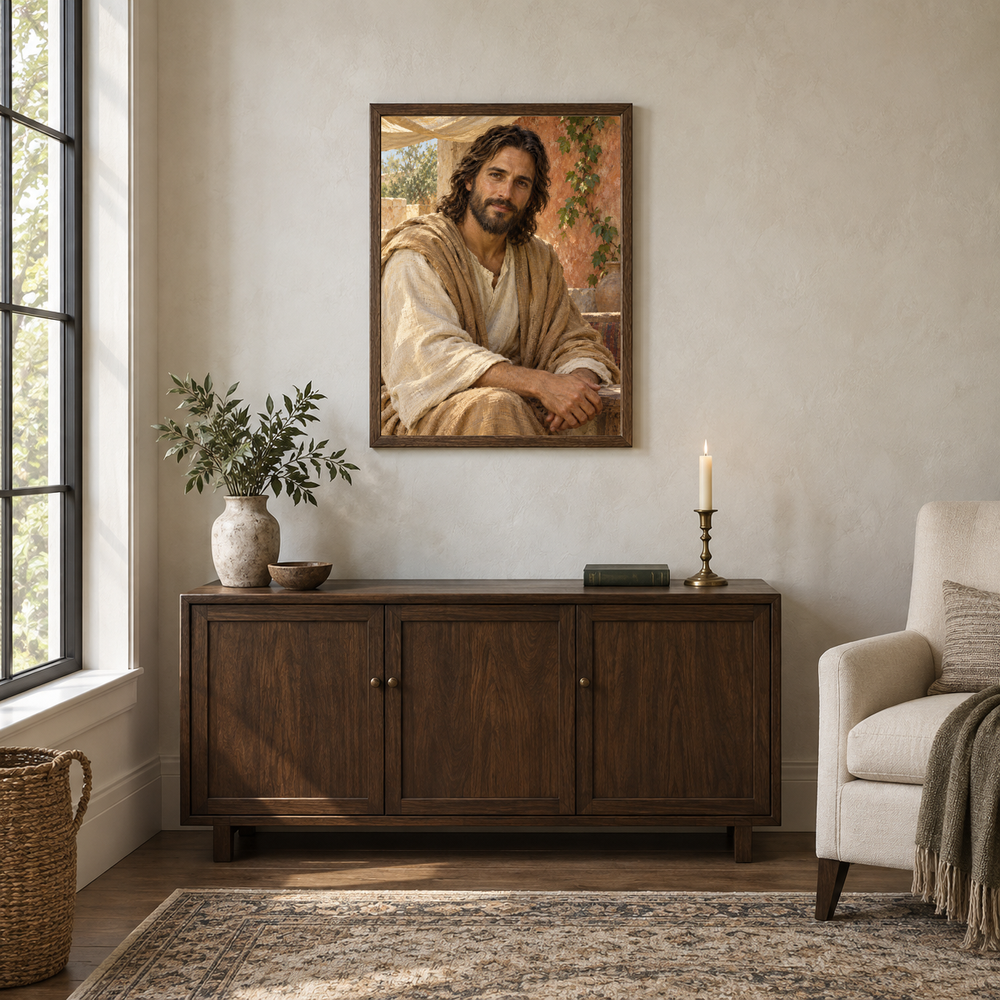 The Gentle Savior oil painting displayed in a walnut prayer and reading alcove