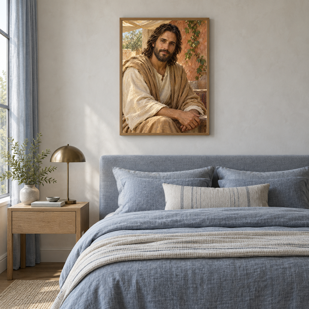 The Gentle Savior oil painting displayed in a blue linen bedroom