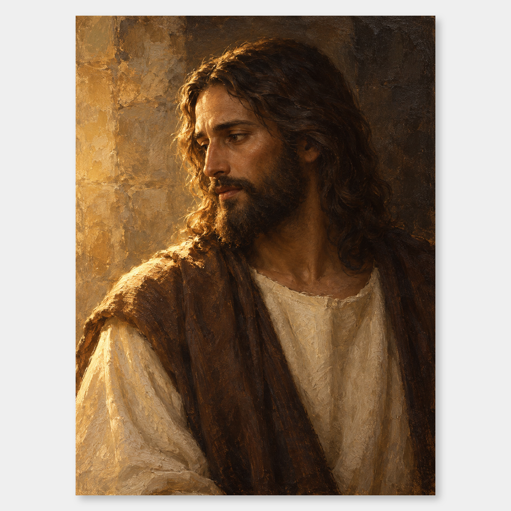Redeemer in Gold Light – Jesus Oil Portrait on a neutral gray background