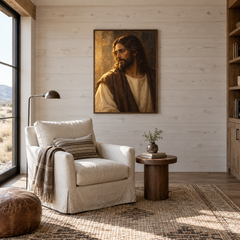 Redeemer in Gold Light oil painting displayed in a reading room
