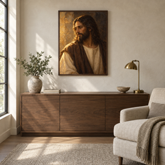 Redeemer in Gold Light oil painting displayed in a quiet reading and prayer corner