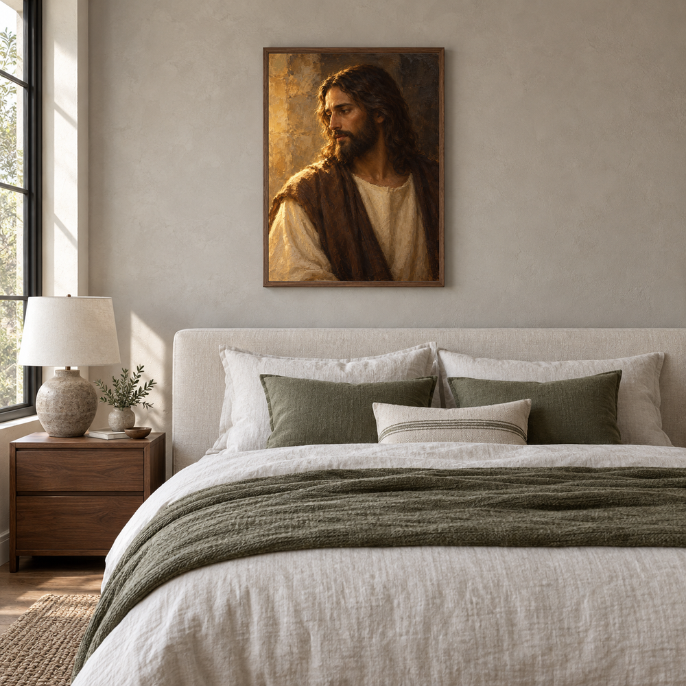 Redeemer in Gold Light oil painting displayed in a neutral bedroom