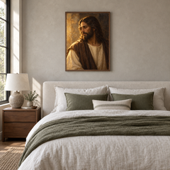Redeemer in Gold Light oil painting displayed in a neutral bedroom