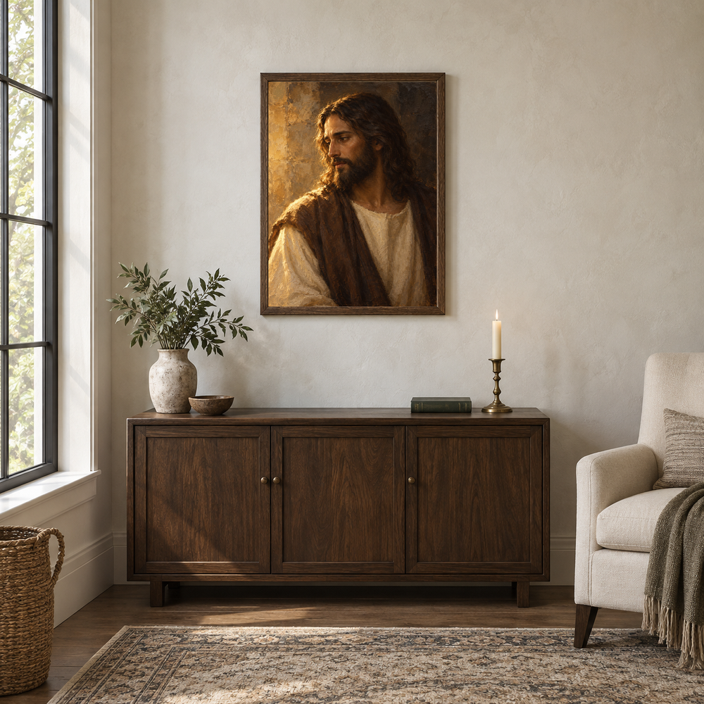 Redeemer in Gold Light oil painting displayed in a walnut prayer and reading alcove