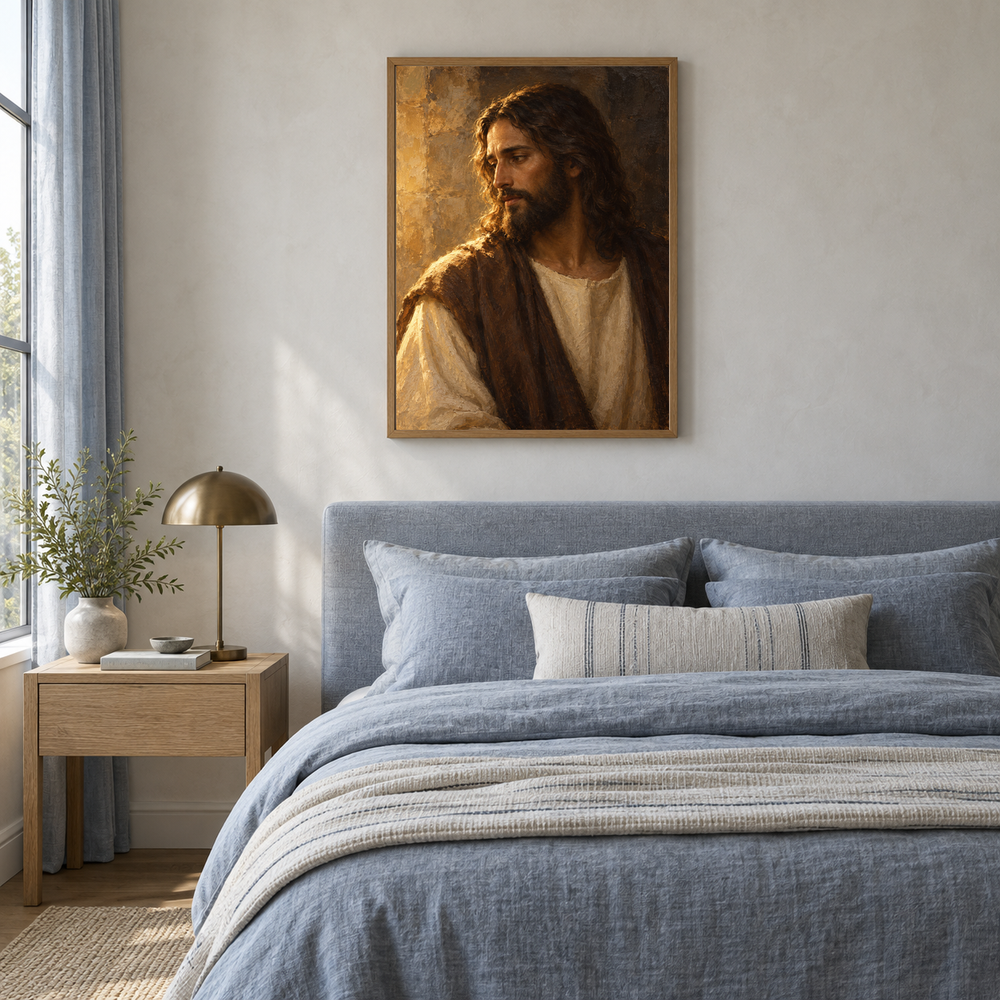 Redeemer in Gold Light oil painting displayed in a blue linen bedroom