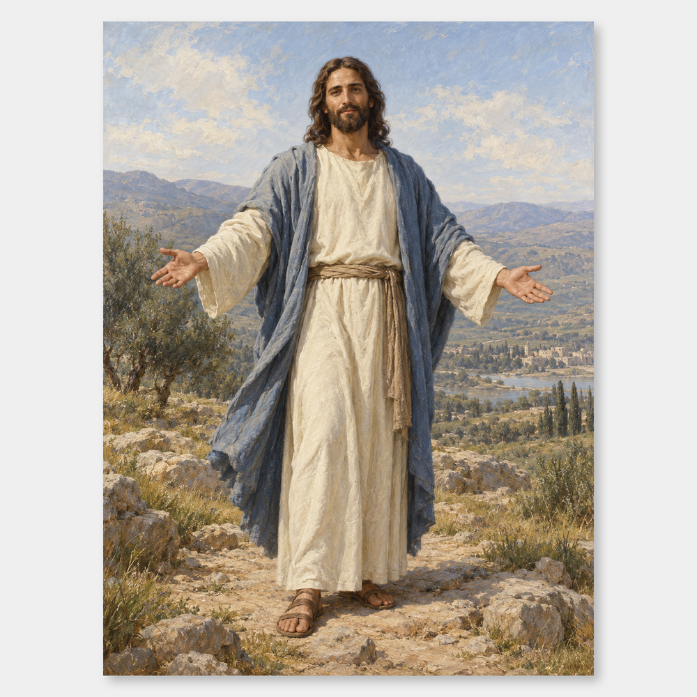 Jesus with Open Arms – Welcoming Christ Painting on a neutral gray background