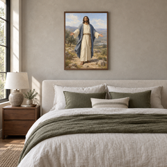 Jesus with Open Arms oil painting displayed in a neutral bedroom