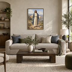 Jesus with Open Arms oil painting displayed in a modern living room