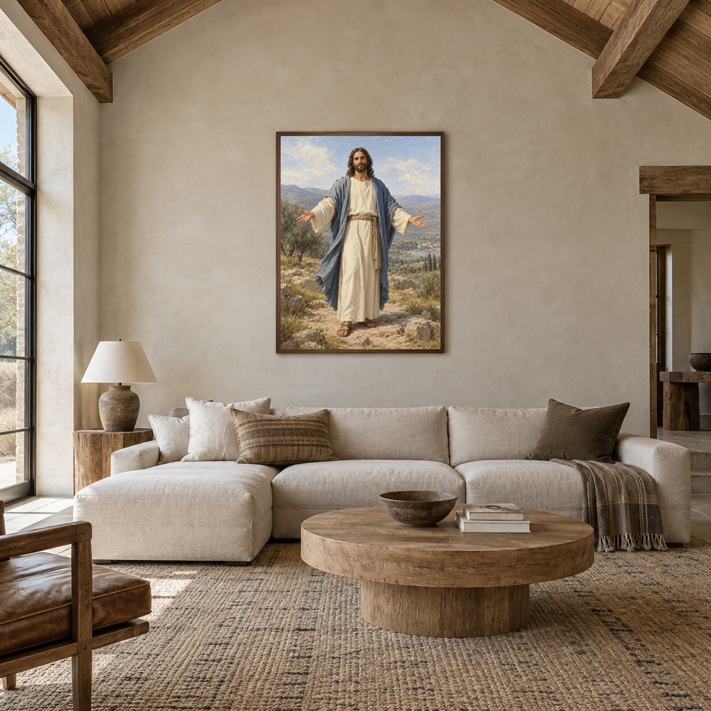 Jesus with Open Arms oil painting displayed in a living room