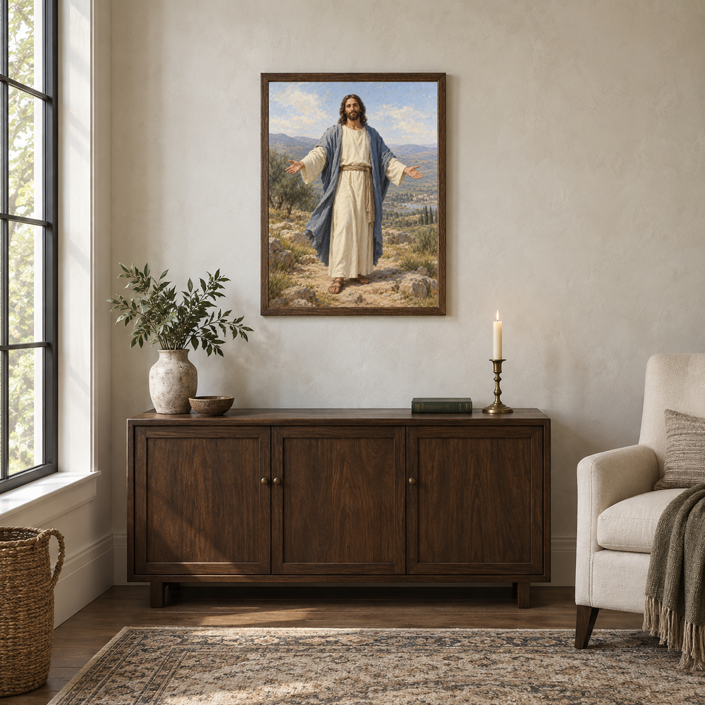 Jesus with Open Arms oil painting displayed in a walnut prayer and reading alcove