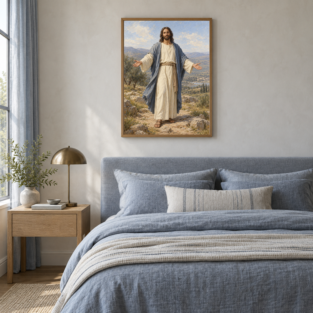 Jesus with Open Arms oil painting displayed in a blue linen bedroom