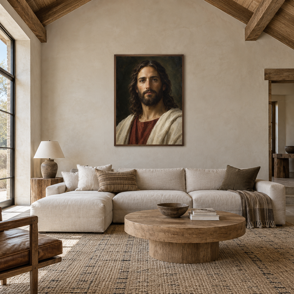 Son of God Portrait oil painting displayed in a living room