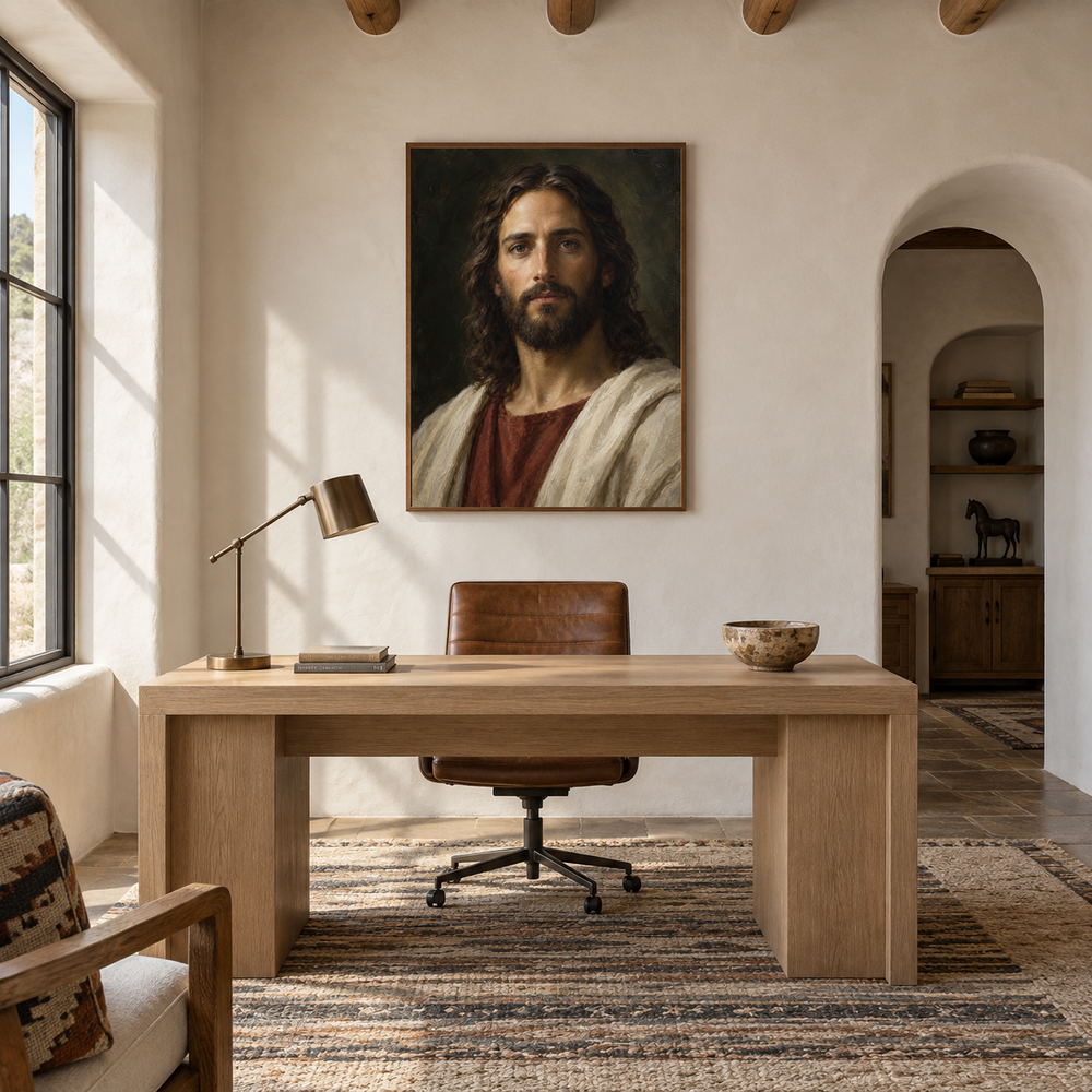 Son of God Portrait oil painting displayed in a study