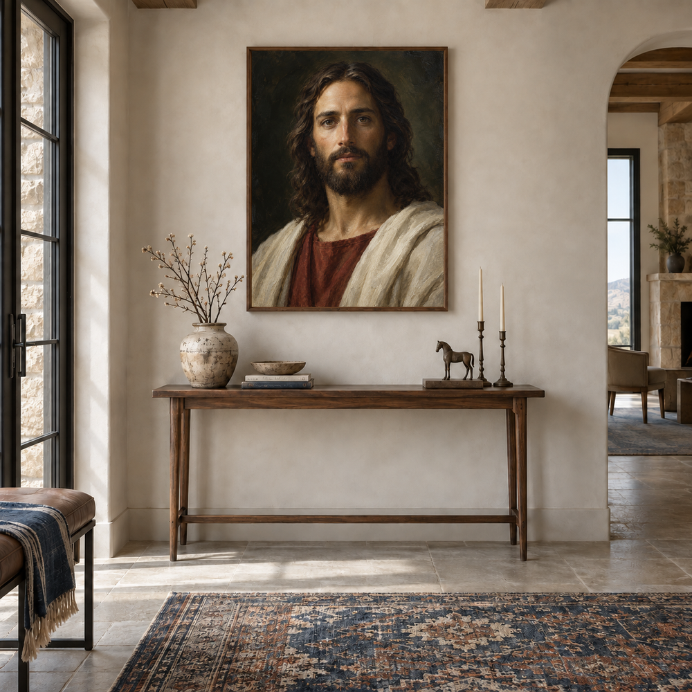 Son of God Portrait oil painting displayed in a entryway