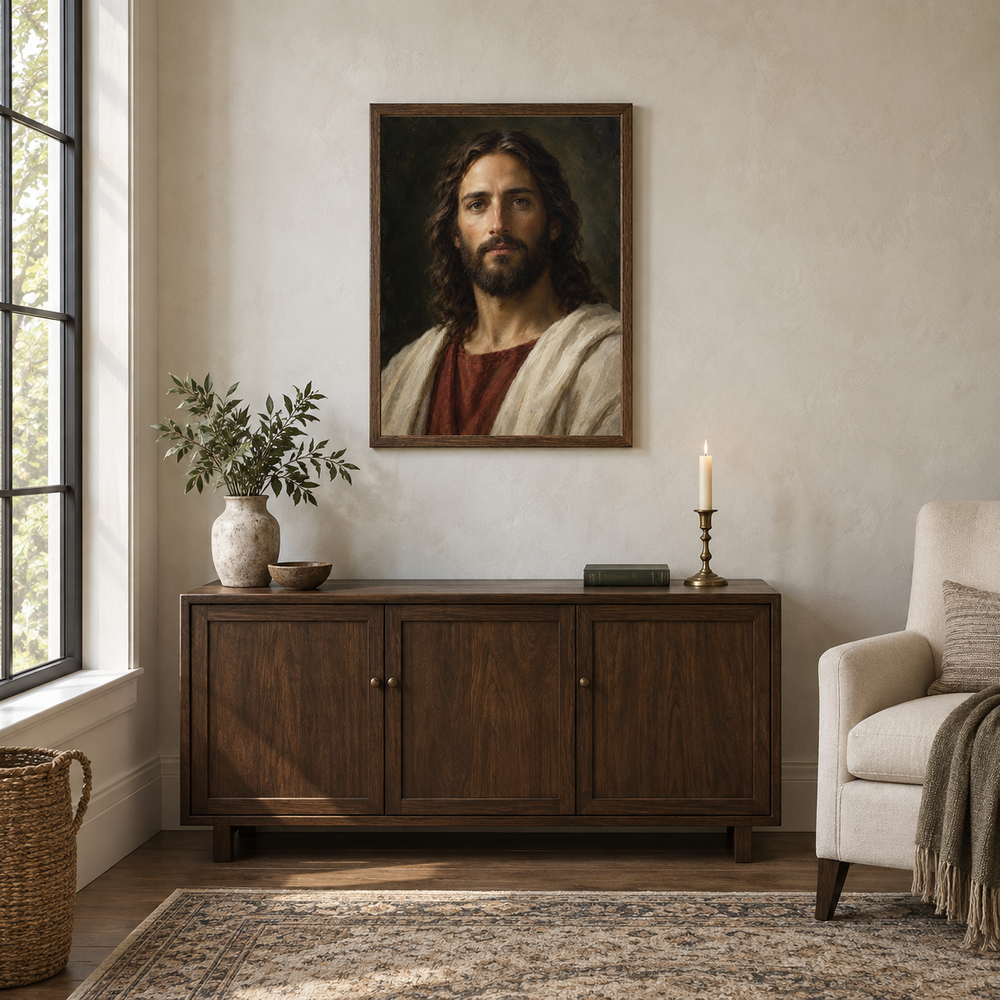 Son of God Portrait oil painting displayed in a walnut prayer and reading alcove