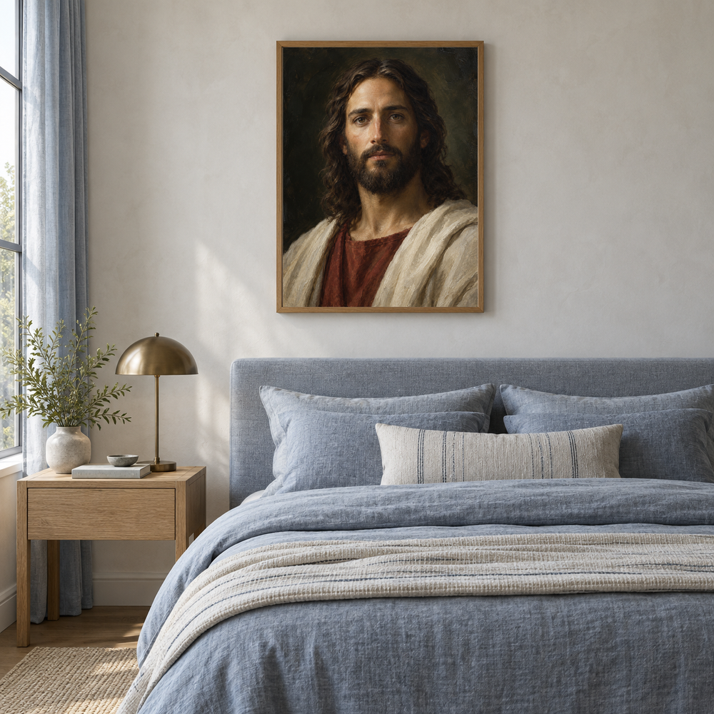 Son of God Portrait oil painting displayed in a blue linen bedroom