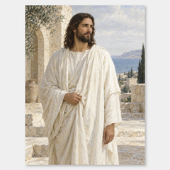 Christ in White Robes – Light Christian Oil Painting on a neutral gray background