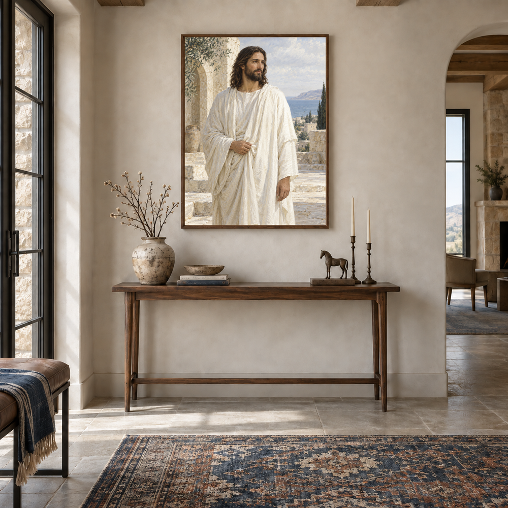 Christ in White Robes oil painting displayed in a entryway
