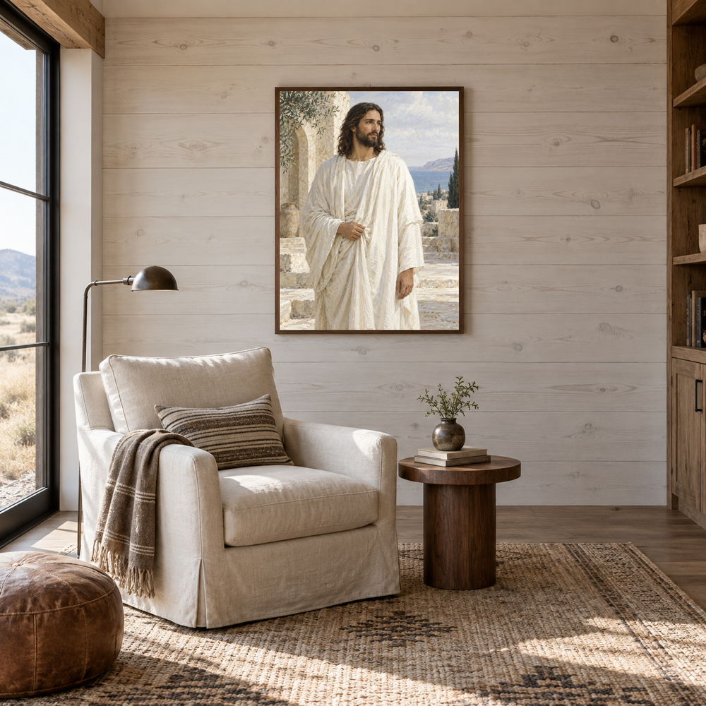 Christ in White Robes oil painting displayed in a reading room