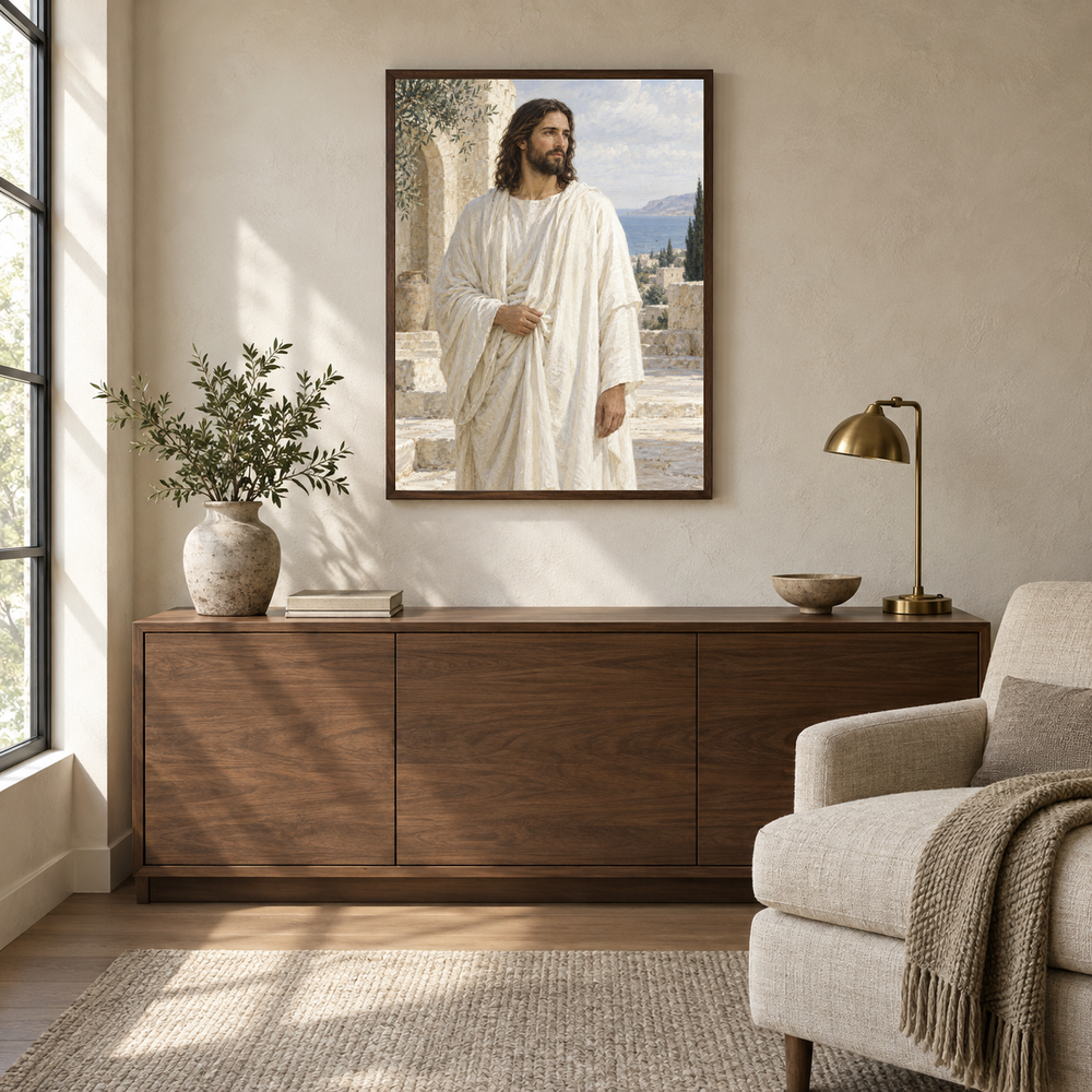 Christ in White Robes oil painting displayed in a quiet reading and prayer corner