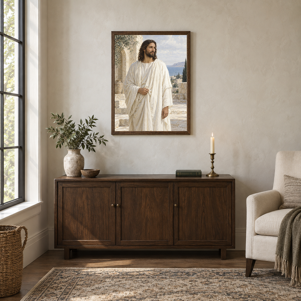 Christ in White Robes oil painting displayed in a walnut prayer and reading alcove