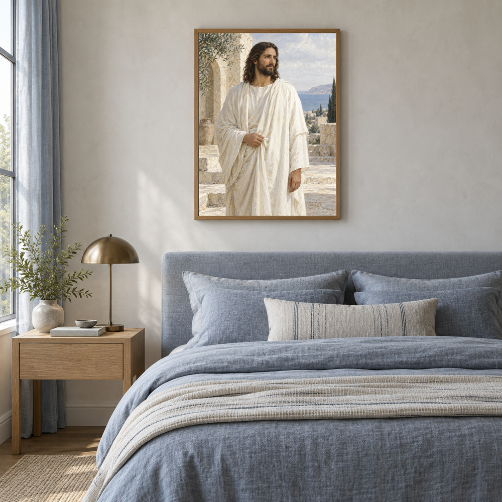Christ in White Robes oil painting displayed in a blue linen bedroom