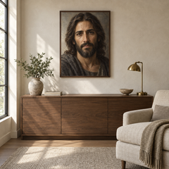 The Face of Mercy oil painting displayed in a quiet reading and prayer corner