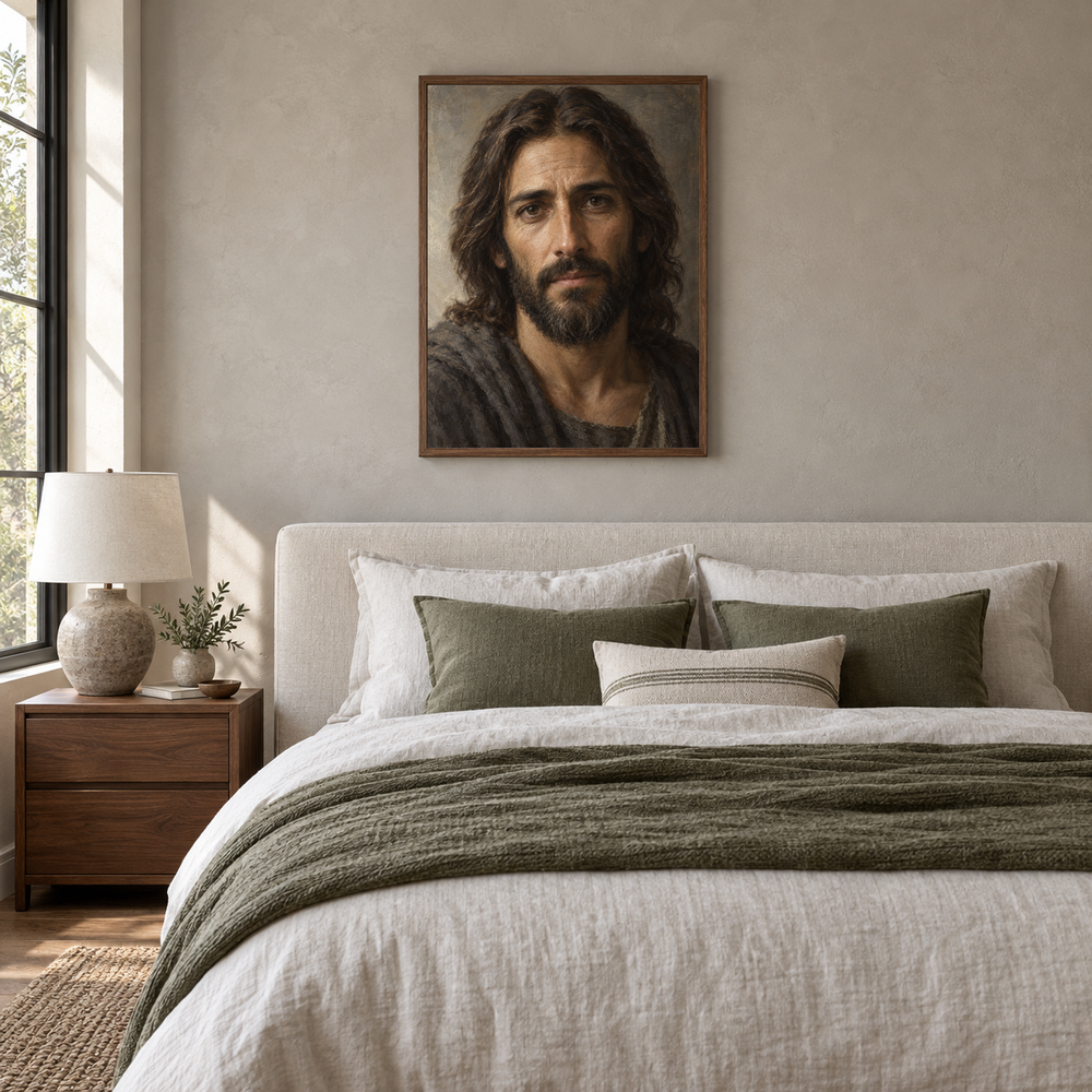 The Face of Mercy oil painting displayed in a neutral bedroom