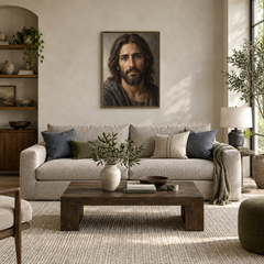 The Face of Mercy oil painting displayed in a modern living room