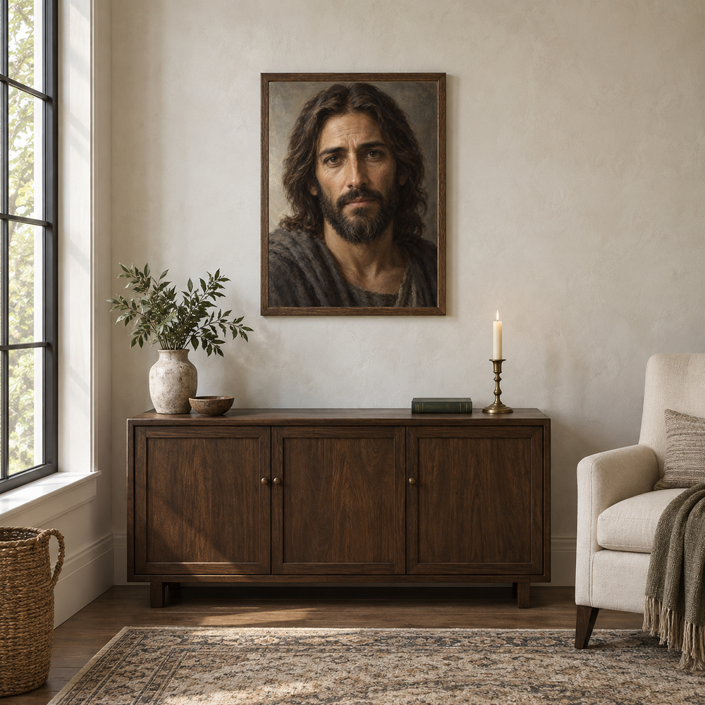The Face of Mercy oil painting displayed in a walnut prayer and reading alcove