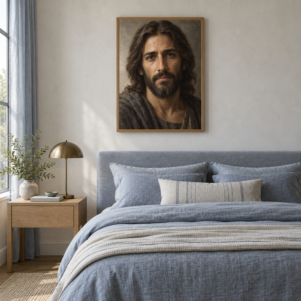 The Face of Mercy oil painting displayed in a blue linen bedroom