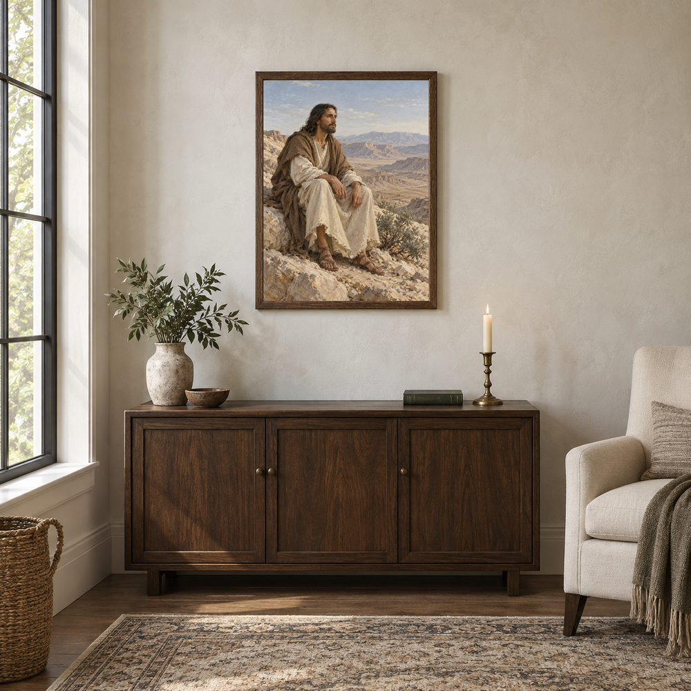 Christ in the Wilderness oil painting displayed in a walnut prayer and reading alcove