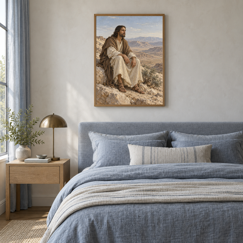 Christ in the Wilderness oil painting displayed in a blue linen bedroom