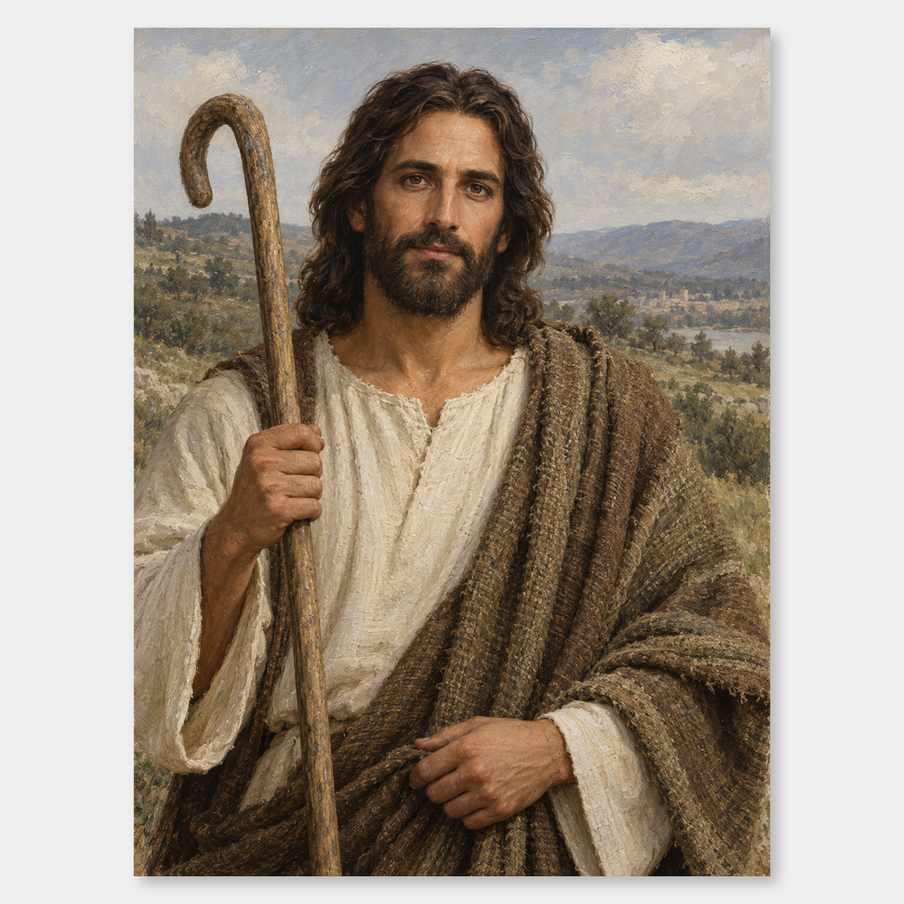 Shepherd King Portrait – Jesus with Staff Painting on a neutral gray background