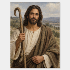 Shepherd King Portrait – Jesus with Staff Painting on a neutral gray background