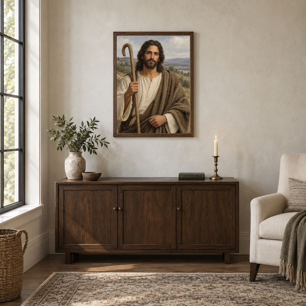 Shepherd King Portrait oil painting displayed in a walnut prayer and reading alcove