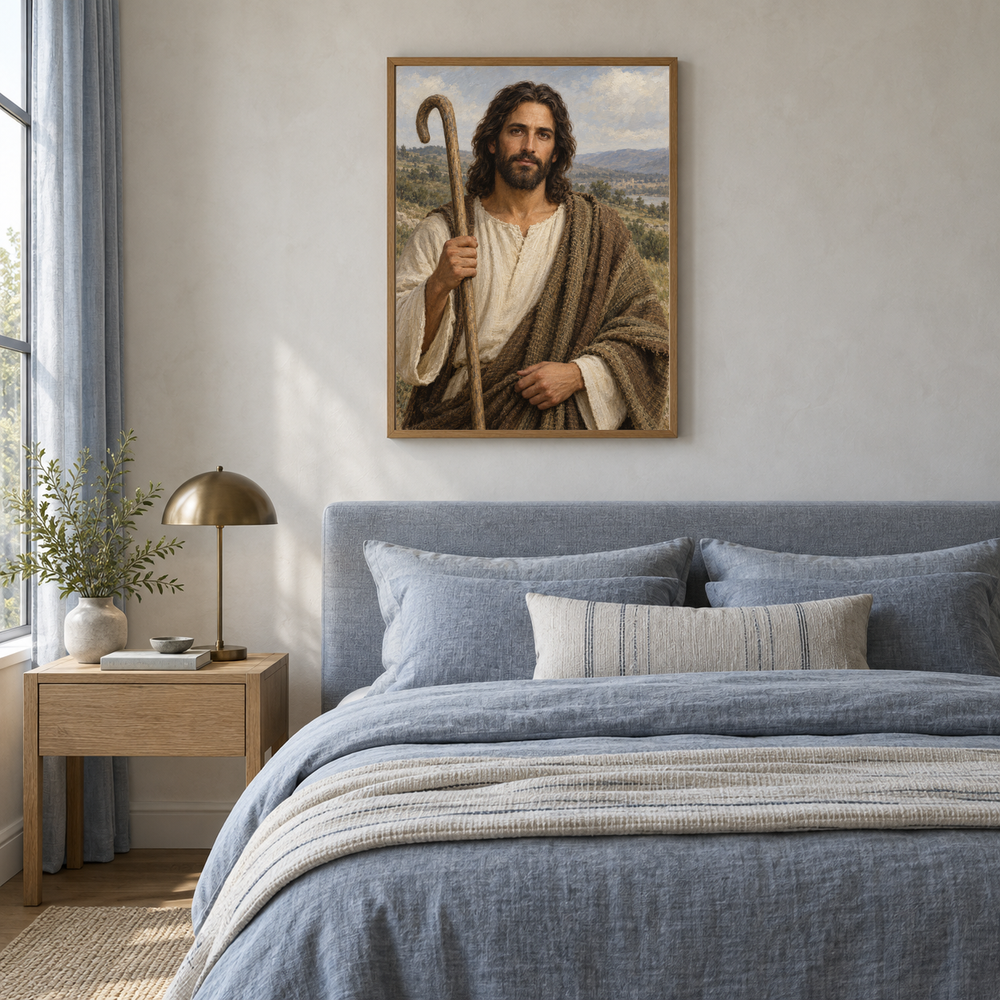 Shepherd King Portrait oil painting displayed in a blue linen bedroom