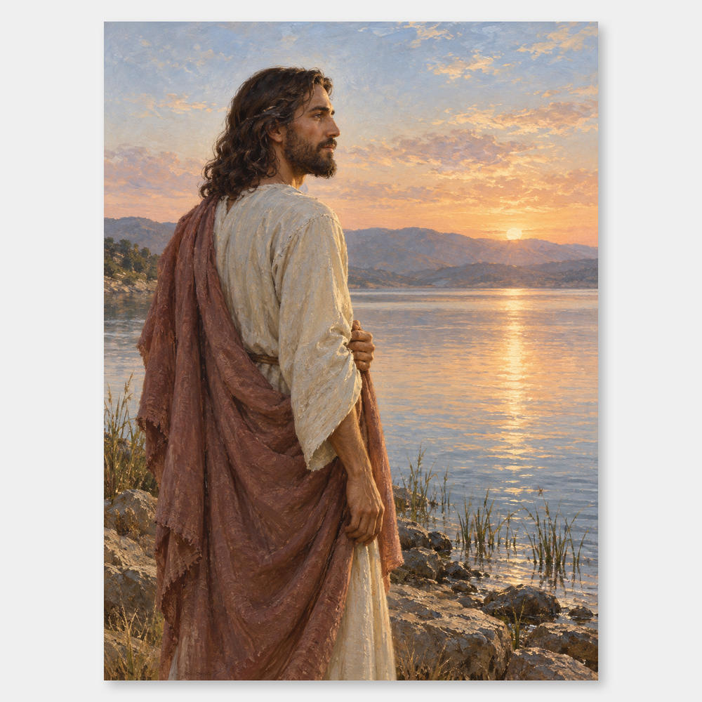 Jesus at Dawn – Lakeside Christian Oil Painting on a neutral gray background