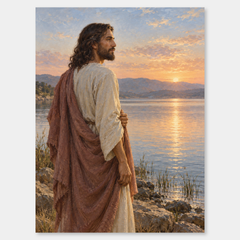 Jesus at Dawn – Lakeside Christian Oil Painting on a neutral gray background