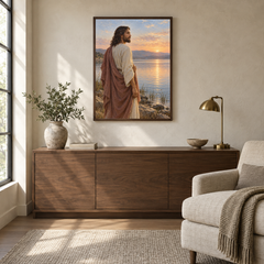 Jesus at Dawn oil painting displayed in a quiet reading and prayer corner