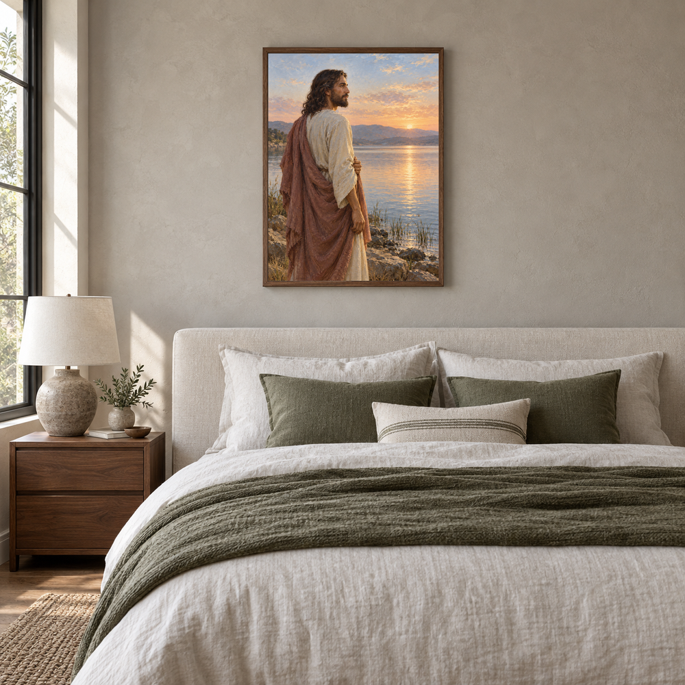 Jesus at Dawn oil painting displayed in a neutral bedroom
