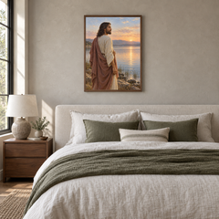 Jesus at Dawn oil painting displayed in a neutral bedroom