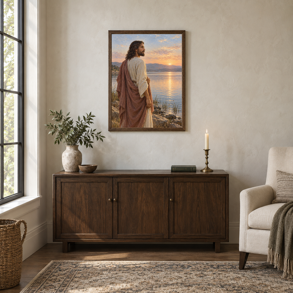 Jesus at Dawn oil painting displayed in a walnut prayer and reading alcove