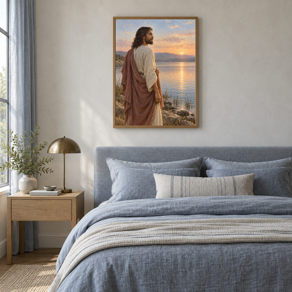 Jesus at Dawn oil painting displayed in a blue linen bedroom