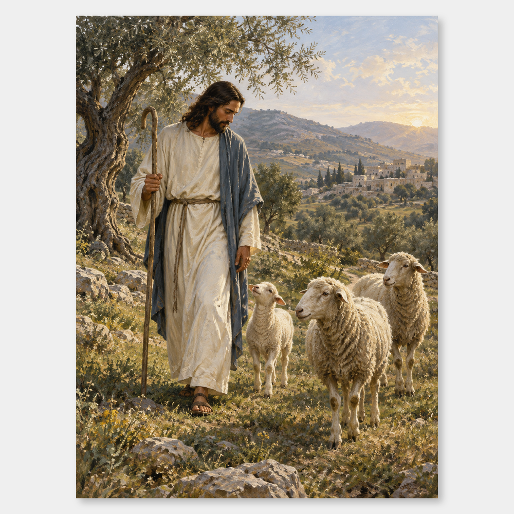 The Good Shepherd – Jesus with Sheep Oil Painting on a neutral gray background