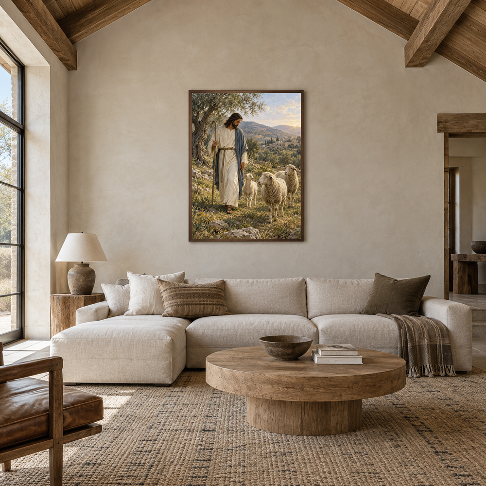 The Good Shepherd oil painting displayed in a living room